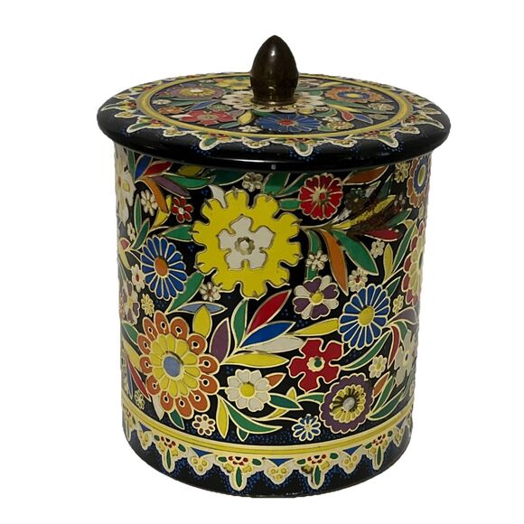 Beautiful Vintage 1960s Embossed Floral Tin Canister Made in Holland 5.5” - Picture 1 of 6